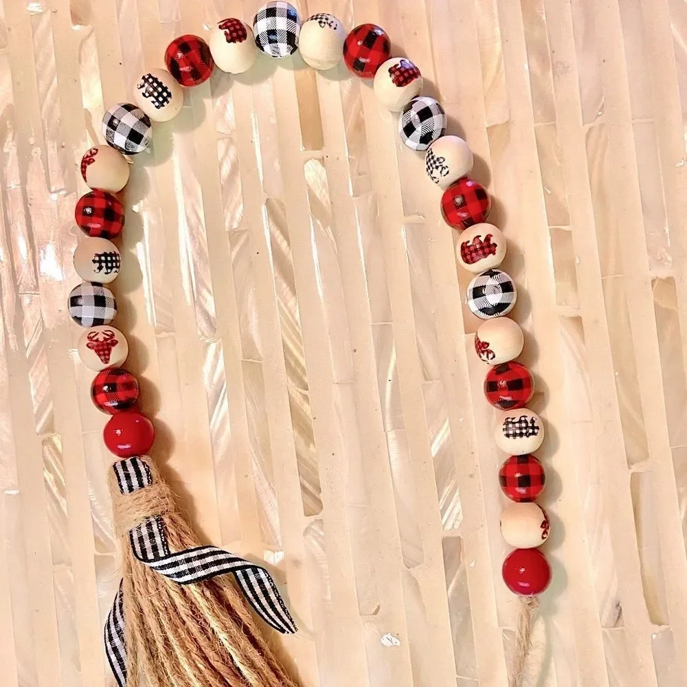 NEW Wood Bead Garland with Plaid Tassels
